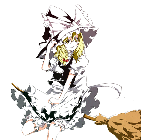 shippori, shishou, kirisame marisa, touhou, 1girl, :d, arm up, blonde hair, braid, broom, broom riding, female focus, hat, looking to the side, open mouth, puffy short sleeves, puffy sleeves, short sleeves, simple background, smile, smirk, solo, white background, witch hat, yellow eyes