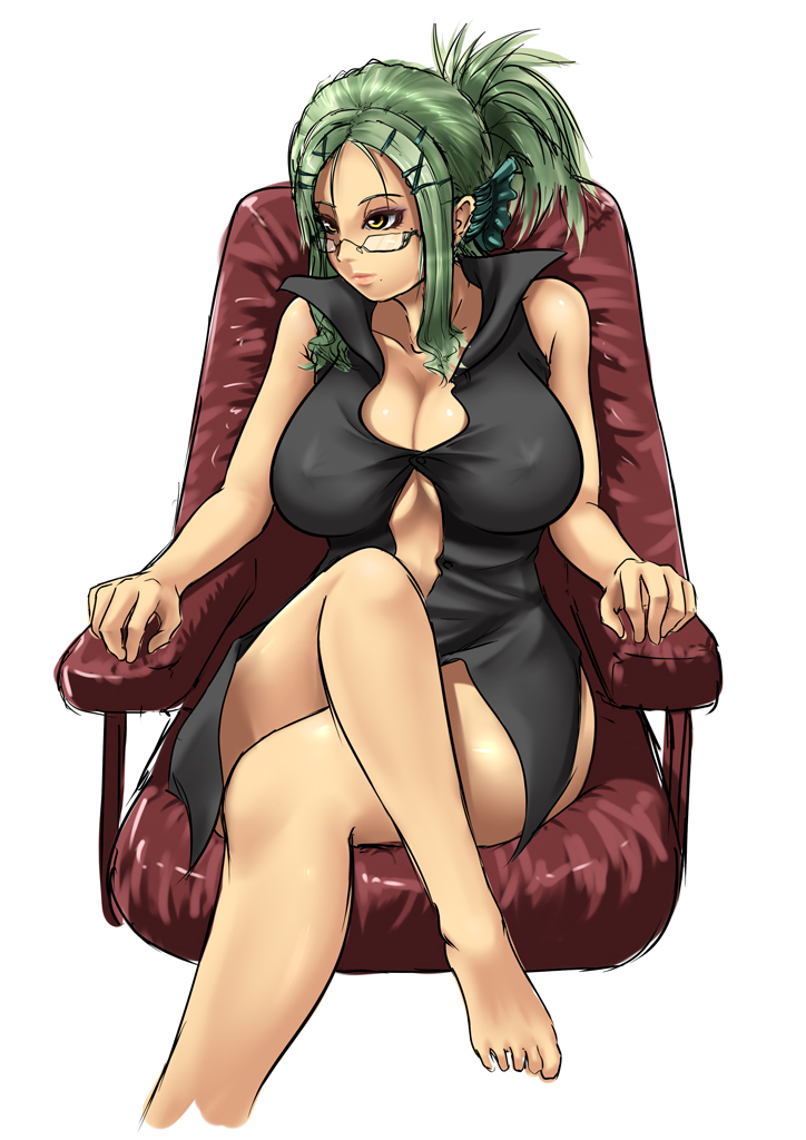homura (haku89), 1girl, barefoot, bottomless, breasts, chair, cleavage, covered erect nipples, crossed legs, dress, eyeshadow, feet, female focus, glasses, green hair, huge breasts, legs, long hair, makeup, mole, nipples, sitting, solo, yellow eyes