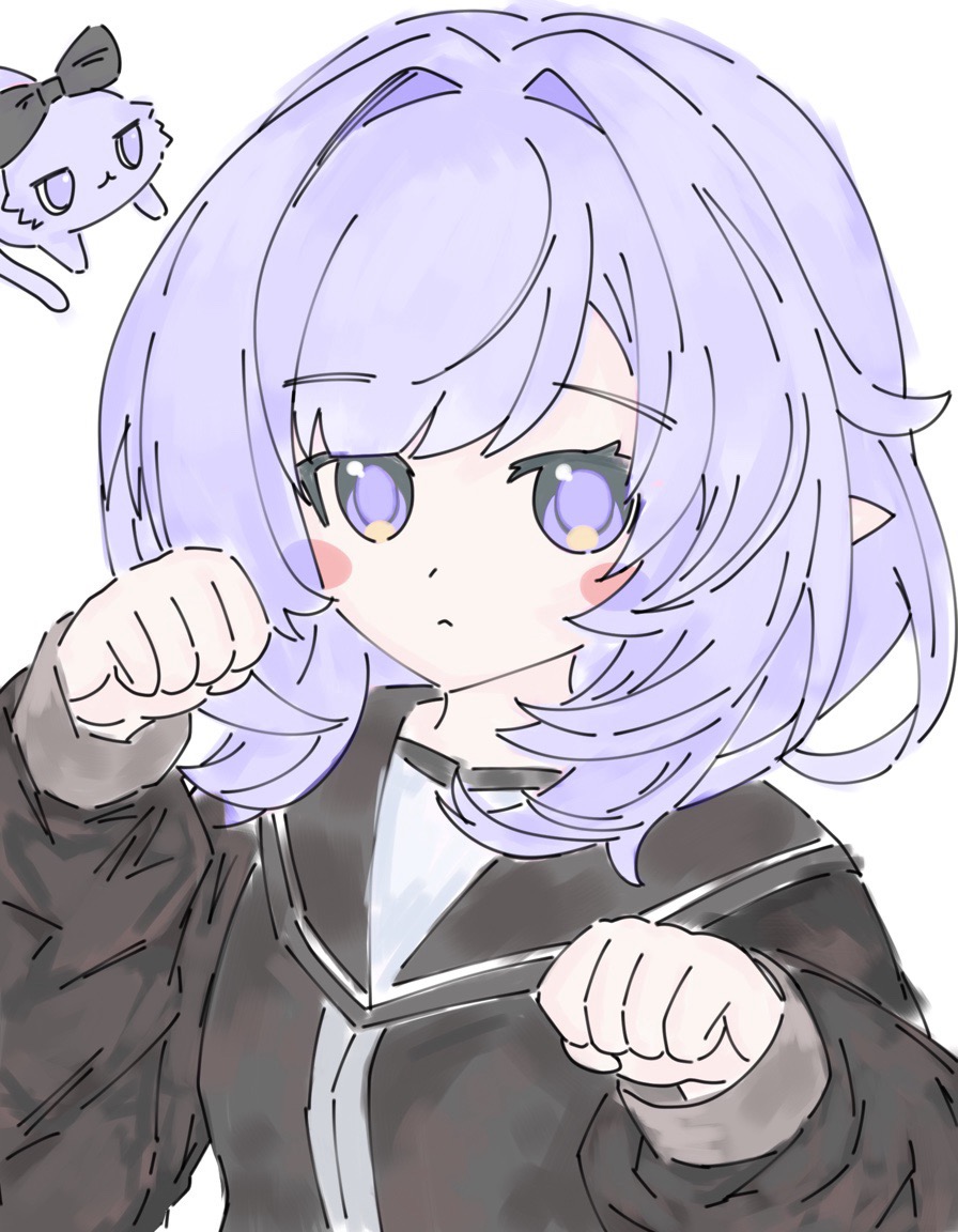 elysia (honkai impact), herrscher of corruption, honkai (series), honkai impact 3rd, chinese commentary, commentary request, 1girl, black jacket, blue hair, blush stickers, cat, elf, jacket, momo469448, pink eyes, pointy ears, shirt, short hair, simple background, upper body, white background, white shirt