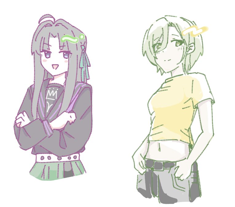 n nai nai n, awa subaru, rupa (girls band cry), girls band cry, 2girls, ahoge, belt, black belt, black hair, black sailor collar, black shirt, breasts, brown hair, cropped shirt, green ribbon, green skirt, hair between eyes, hair ribbon, long hair, long hair between eyes, long sleeves, medium breasts, midriff, multiple girls, navel, open mouth, pants, parted bangs, purple eyes, ribbon, sailor collar, school uniform, serafuku, shirt, short hair, short sleeves, sidelocks, simple background, skirt, white background, yellow shirt