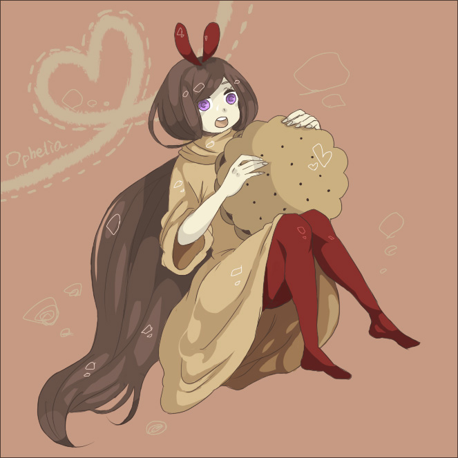 og, ophelia (pop'n music), bemani, pop'n music, bad id, bad pixiv id, 1girl, brown background, brown hair, brown theme, cookie, female focus, floating, food, full body, heart, heart of string, knees together feet apart, long hair, oversized object, pantyhose, purple eyes, red pantyhose, sitting, solo, swept bangs, teeth, upper teeth only, very long hair