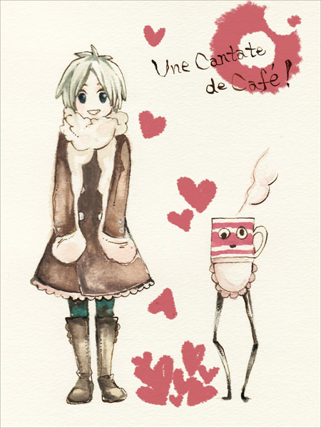 og, original, bad id, bad pixiv id, apron, boots, coat, coffee, heart, pantyhose, solo