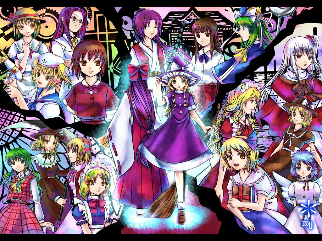 kannagara kanagi, alice margatroid, alice margatroid (pc-98), asakura rikako, elly (touhou), gengetsu (touhou), gengetu, hakurei reimu, hakurei reimu (pc-98), kana anaberal, kazami yuuka, kirisame marisa, kirisame marisa (pc-98), kitashirakawa chiyuri, mai (touhou), meira (touhou), mima (touhou), mugetsu (touhou), okazaki yumemi, poltergeist, rika (touhou), shinki (touhou), yuki (touhou), yumeko (touhou), lotus land story, mystic square, phantasmagoria of dim.dream, story of eastern wonderland, the story of eastern wonderland, touhou, touhou (pc-98), eyebrows, white legwear, bad id, bad pixiv id, 6+girls, alternate hairstyle, ascot, back, blonde hair, bow, broom, brown hair, buttons, capelet, crescent, demon, dress, drill hair, everyone, female focus, green eyes, green hair, hair bow, hakama, hakama skirt, hakurei shrine, hand on headwear, hat, hat bow, japanese clothes, long hair, long sleeves, low-tied long hair, maid, miko, multiple girls, purple dress, purple hair, red bow, red eyes, red hakama, red ribbon, ribbon, ribbon-trimmed sleeves, ribbon trim, scepter, short sleeves, skirt, socks, white bow, white ribbon, wide sleeves, witch, witch hat, wizard hat, yellow ascot, yellow eyes, yin yang