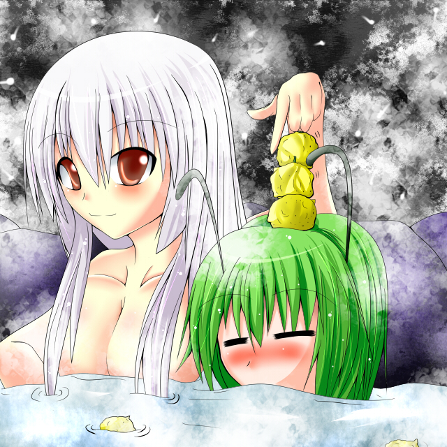 midori (misuriru8), midori (pixiv76139), fujiwara no mokou, wriggle nightbug, touhou, silver hair, bad id, bad pixiv id, 2girls, antennae, blush, breasts, cleavage, closed eyes, female focus, green hair, multiple girls, nude, object on head, onsen, red eyes, same-sex bathing, shared bathing