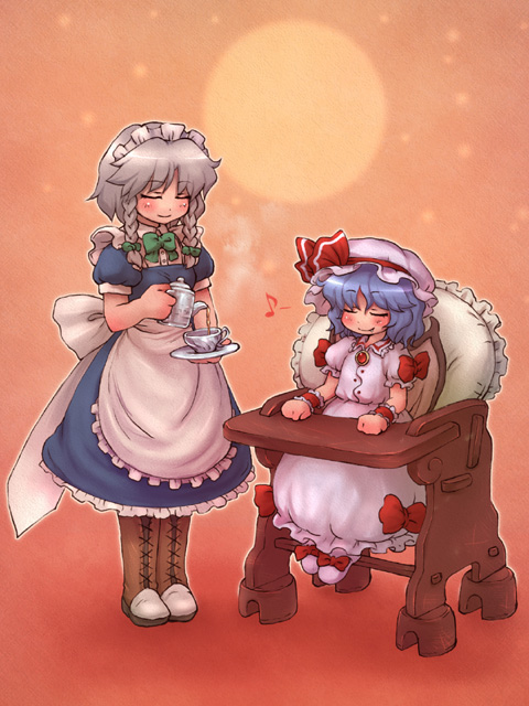 sankuma, izayoi sakuya, remilia scarlet, touhou, silver hair, 2girls, bat wings, blue hair, blush, boots, bow, braid, closed eyes, female focus, frilled pillow, frills, hairband, hat, high chair, large bow, maid, maid headdress, moon, multiple girls, musical note, pillow, pouring, ribbon, short hair, sitting, tea, twin braids, wings, wrist cuffs