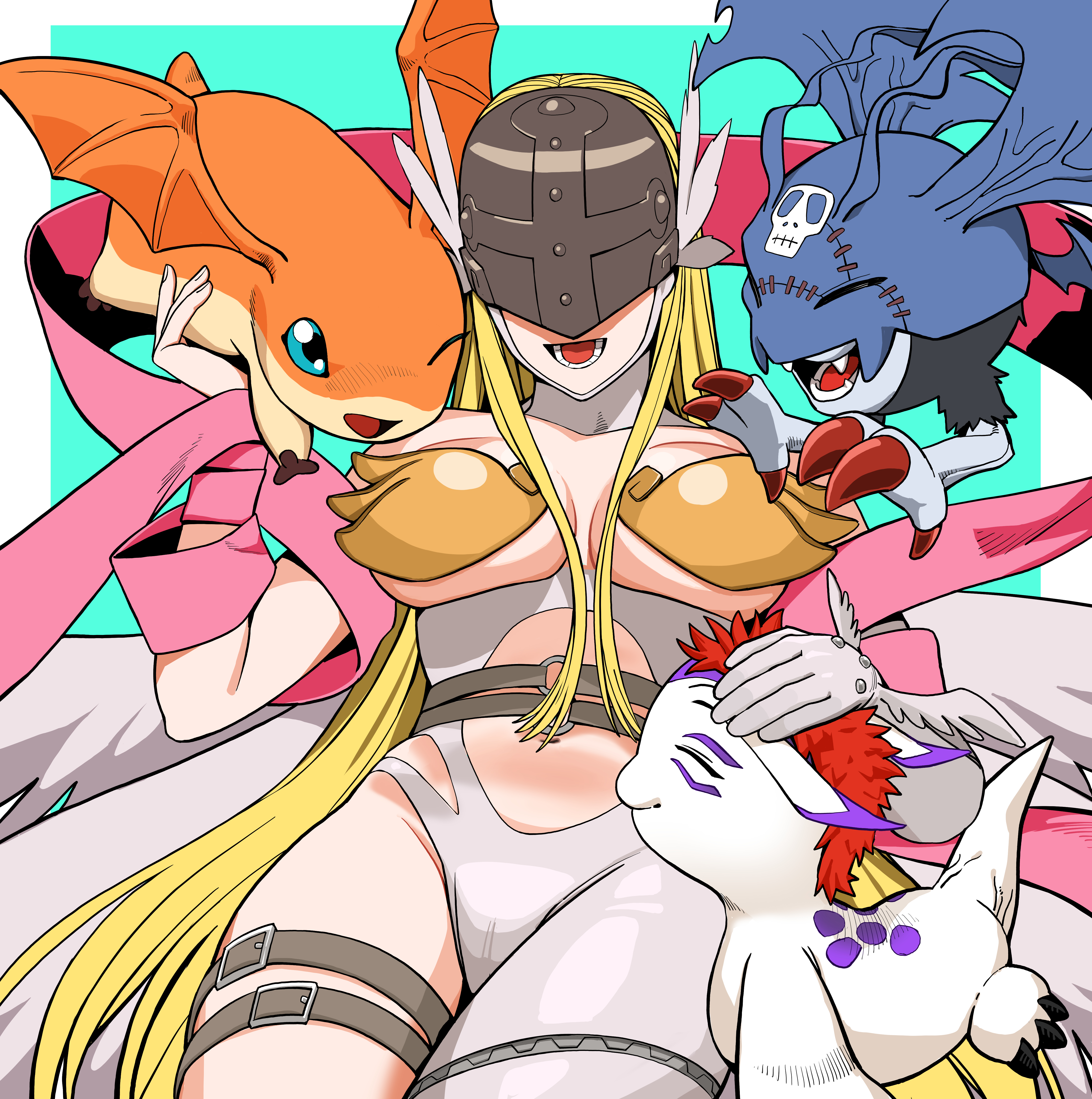 samba master, angewomon, gomamon, patamon, picodevimon, digimon, absurdres, commentary, english commentary, highres, 1girl, angel, angel wings, aqua background, asymmetrical clothes, bare shoulders, belt, black belt, blonde hair, bodysuit, boobplate, breastplate, breasts, cleavage, clothing cutout, covered eyes, cowboy shot, creature, digimon (creature), feathered wings, gloves, hagoromo, headpat, helmet, helmet over eyes, large breasts, long hair, lower teeth only, multiple wings, navel, o-ring, o-ring belt, open mouth, shawl, skindentation, smile, stomach, stomach cutout, teeth, thigh belt, thigh strap, white bodysuit, white gloves, winged helmet, wings, wrist wings, zipper