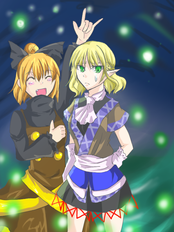 ogata kari, kurodani yamame, mizuhashi parsee, touhou, bad id, bad pixiv id, 2girls, m/, blonde hair, blush, bow, closed eyes, fang, female focus, green eyes, hair bow, hair ornament, hair ribbon, multiple girls, open mouth, orange hair, pointy ears, ribbon, short hair, smile, sweatdrop