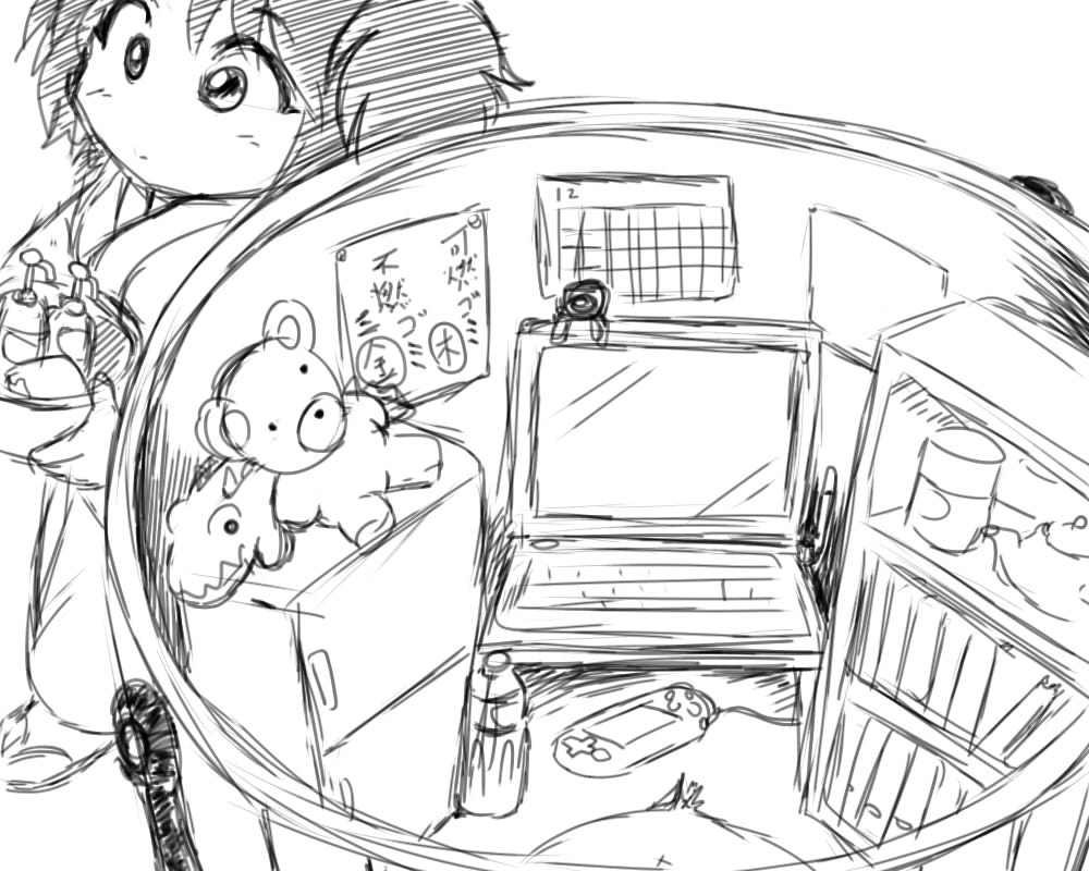 bit (kksbit), kisume, touhou, bit, bad id, bad pixiv id, 1girl, bucket, calendar, calendar (object), computer, computer keyboard, female focus, greyscale, handheld game console, monochrome, playstation portable, sketch, solo, stuffed animal, stuffed toy, teddy bear
