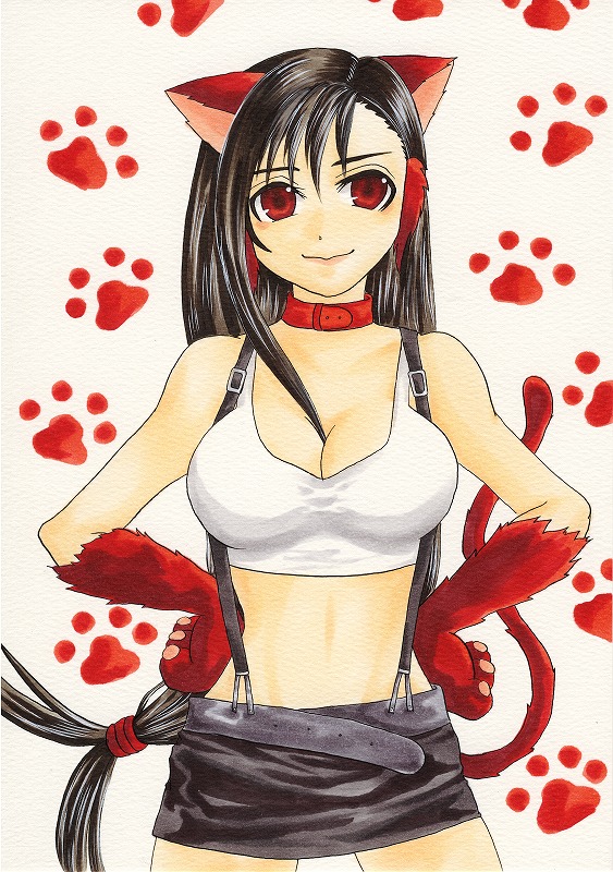 shibainu honpo, tifa lockhart, final fantasy, final fantasy vii, 1990s (style), 1girl, animal ears, animal hands, belt, black hair, breasts, cat ears, cat paws, cat tail, collar, female focus, long hair, low-tied long hair, miniskirt, pencil skirt, red eyes, retro artstyle, shirt, skirt, solo, suspender skirt, suspenders, tail, taut clothes, taut shirt