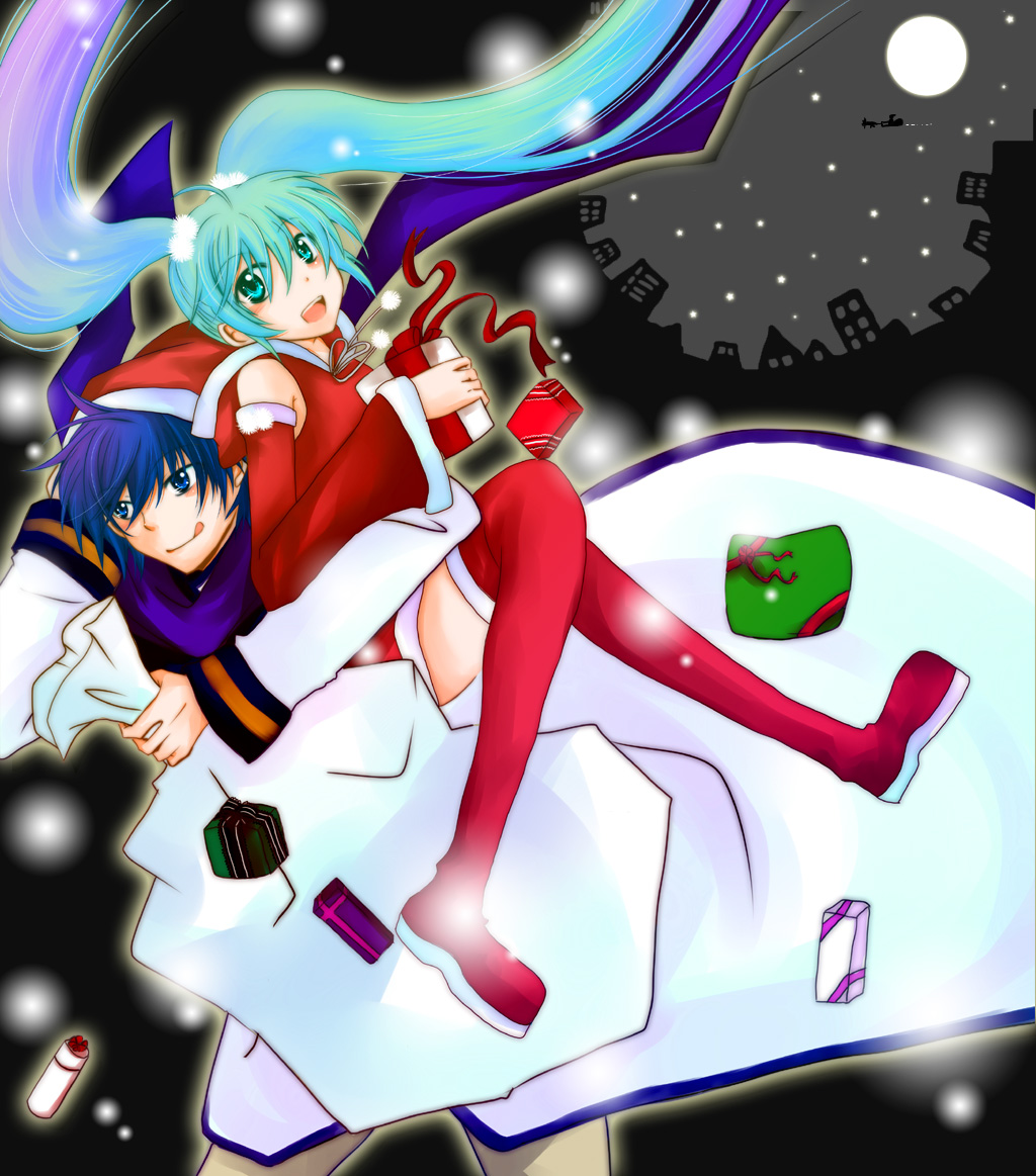 hanaichi, hanaichi (honey honey), hatsune miku, kaito (vocaloid), vocaloid, 1boy, 1girl, aqua eyes, aqua hair, blue eyes, blue hair, christmas, detached sleeves, gift, santa costume, scarf, thighhighs, twintails