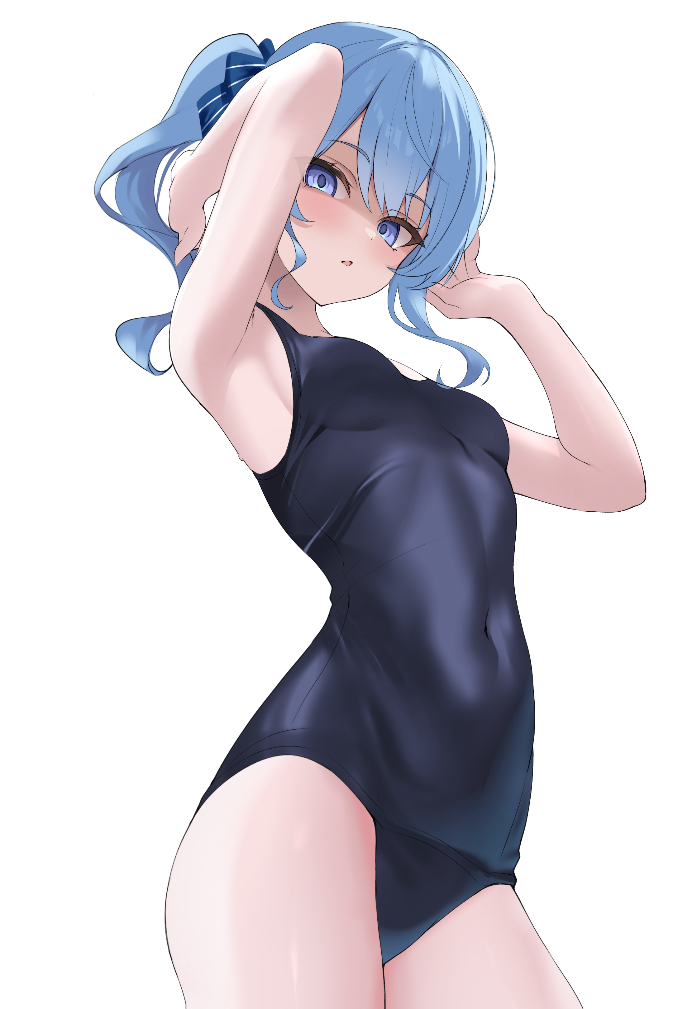 fawny, hoshimachi suisei, hololive, absurdres, highres, 1girl, alternate costume, arm behind head, arms up, blue eyes, blue hair, blue ribbon, breasts, covered navel, double-parted bangs, hair between eyes, hair ribbon, looking at viewer, medium hair, one-piece swimsuit, ribbon, school swimsuit, shaded face, side ponytail, sidelocks, simple background, small breasts, solo, star (symbol), star in eye, swimsuit, symbol in eye, virtual youtuber, white background