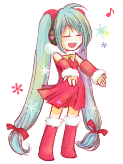 mamipo, mitsuda mami, hatsune miku, vocaloid, bad id, bad pixiv id, 1girl, aqua hair, bow, bowtie, christmas, closed eyes, detached sleeves, dress, female focus, long hair, music, musical note, santa costume, singing, solo, twintails, very long hair