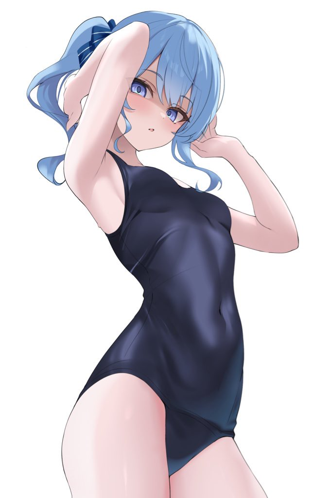fawny, hoshimachi suisei, hololive, 1girl, alternate costume, arm behind head, arms up, blue eyes, blue hair, blue ribbon, breasts, covered navel, double-parted bangs, hair between eyes, hair ribbon, looking at viewer, medium hair, one-piece swimsuit, ribbon, school swimsuit, shaded face, side ponytail, sidelocks, simple background, small breasts, solo, star (symbol), star in eye, swimsuit, symbol in eye, virtual youtuber, white background