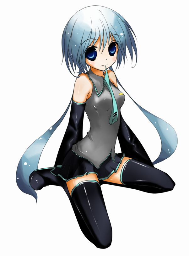 ikameshi (ika meshi), mikuma, hatsune miku, vocaloid, bad id, bad pixiv id, 1girl, alternate hairstyle, blue eyes, blue hair, detached sleeves, female focus, matching hair/eyes, mouth hold, necktie, sitting, skirt, solo, thighhighs, twintails, zettai ryouiki