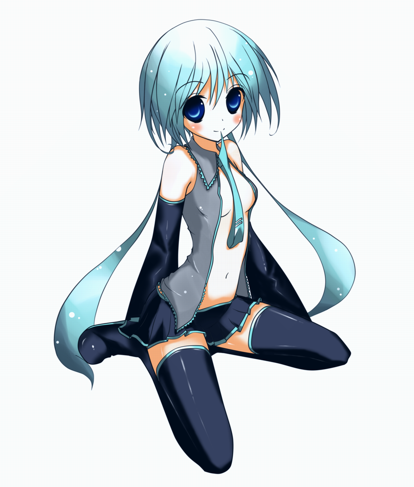 ikameshi (ika meshi), mikuma, hatsune miku, vocaloid, bad id, bad pixiv id, 1girl, alternate hairstyle, aqua hair, brown eyes, detached sleeves, female focus, mouth hold, necktie, open clothes, open shirt, shirt, sitting, skirt, solo, thighhighs, twintails, zettai ryouiki