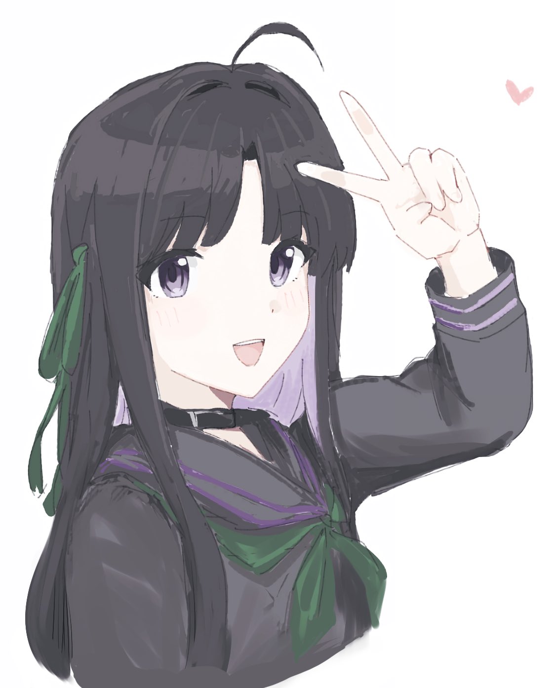 n nai nai n, awa subaru, girls band cry, commentary, hashtag-only commentary, highres, 1girl, ahoge, black choker, black hair, black sailor collar, black shirt, blush, choker, green neckerchief, green ribbon, hair ribbon, long hair, long sleeves, neckerchief, open mouth, parted bangs, purple eyes, ribbon, sailor collar, school uniform, serafuku, shirt, sidelocks, simple background, solo, teeth, upper teeth only, v, white background