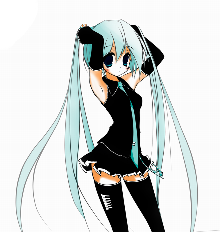 ikameshi (ika meshi), mikuma, hatsune miku, vocaloid, 1girl, aqua eyes, aqua hair, armpits, arms up, detached sleeves, female focus, long hair, necktie, skirt, solo, thighhighs, twintails, very long hair, zettai ryouiki
