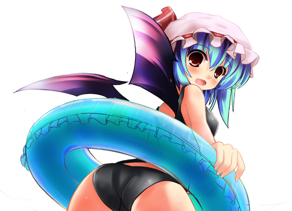 kurume shou, remilia scarlet, touhou, bad id, bad pixiv id, 1girl, ass, bat wings, blue hair, female focus, hat, innertube, looking back, one-piece swimsuit, red eyes, ribbon, school swimsuit, short hair, simple background, solo, swim ring, swimsuit, white background, wings
