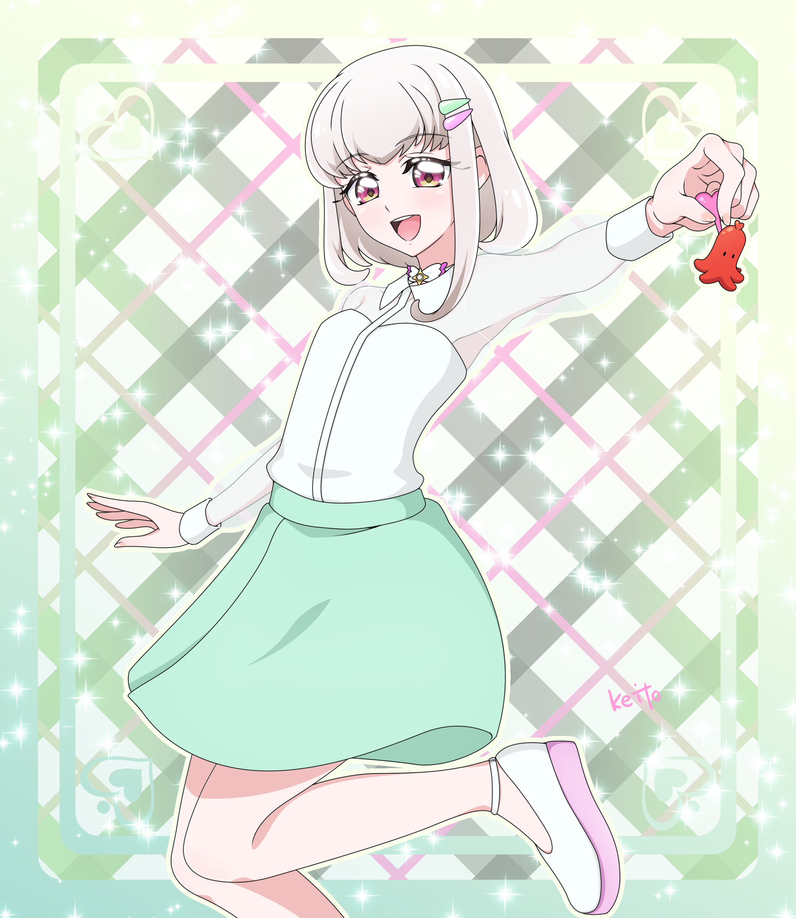 sakuragawa3710, purirun (precure), kimi to idol precure, precure, absurdres, commentary, highres, 1girl, artist name, bare legs, blonde hair, blush, border, bow, bowtie, breasts, brooch, collared shirt, colored shoe soles, fingernails, food, food art, foot out of frame, gingham background, gradient eyes, green background, green border, green skirt, hair ornament, hairpin, heart, heart background, high heels, holding, holding food, jewelry, leg up, long sleeves, looking at viewer, miniskirt, multicolored eyes, open mouth, outline, outside border, outstretched arm, patterned background, pink eyes, purirun (civilian) (precure), raised eyebrows, sausage, see-through clothes, see-through shirt, see-through sleeves, shirt, shirt tucked in, shoes, short hair, skirt, sleeve cuffs, small breasts, smile, solo, sparkle, sparkle background, star brooch, strappy heels, tako-san wiener, teeth, upper teeth only, wedge heels, white bow, white bowtie, white outline, white shirt, white shoes