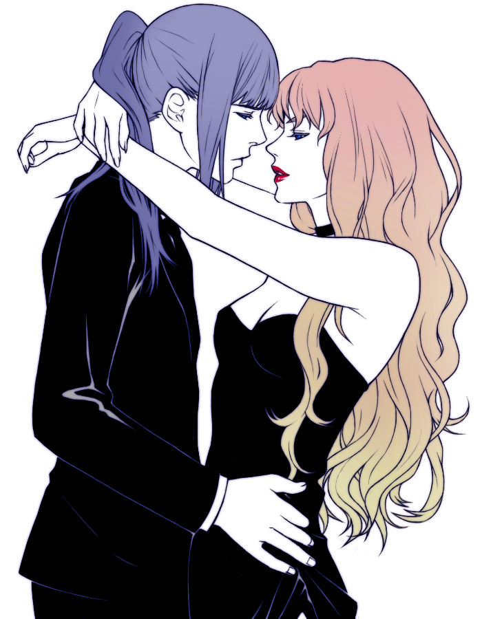 chimachi, saotome alto, sheryl nome, macross, macross frontier, bad id, bad pixiv id, 00s, 1boy, 1girl, alternate costume, arms around neck, bare arms, bare shoulders, black choker, black dress, blue hair, breasts, choker, cleavage, closed mouth, couple, dress, eye contact, formal clothes, gradient hair, half-closed eyes, hetero, hug, imminent kiss, lips, lipstick, long hair, long sleeves, looking at another, makeup, medium breasts, multicolored hair, neck, parted lips, pink hair, ponytail, red lips, simple background, standing, strapless, strapless dress, suit, white background