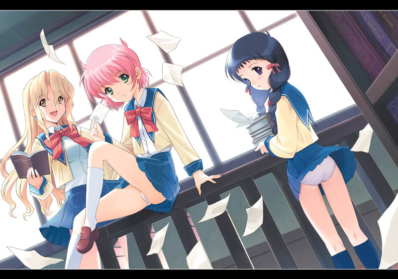 kiya shii, anita king, hishiishi hisami, michelle cheung, r.o.d the tv, read or die, 00s, 3girls, :d, ass, blonde hair, blue hair, blush, book, bookshelf, bow, braid, earrings, embarrassed, flat chest, from behind, green eyes, hair ribbon, jewelry, kneehighs, kneepits, leg up, legs, library, loli, long hair, looking back, multiple girls, open mouth, panties, pantyshot, paper, pink hair, pleated skirt, purple eyes, ribbon, school uniform, serafuku, shoes, short hair, sitting, skirt, smile, socks, table, twin braids, underwear, upskirt, wavy hair, white panties, wind, wind lift, window, yellow eyes