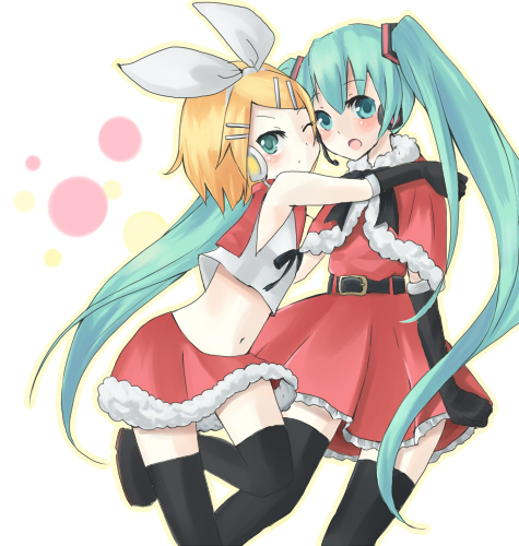 wada, wadaka, hatsune miku, kagamine rin, vocaloid, bad id, bad pixiv id, lowres, 2girls, aqua hair, black gloves, black thighhighs, blush, christmas, gloves, long hair, midriff, multiple girls, one eye closed, santa costume, skirt, thighhighs, twintails, very long hair, wink, zettai ryouiki