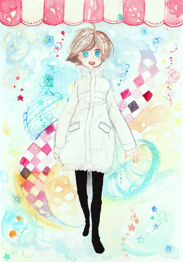 og, original, bad id, bad pixiv id, traditional media, blue eyes, brown hair, jacket, pantyhose, short hair, solo