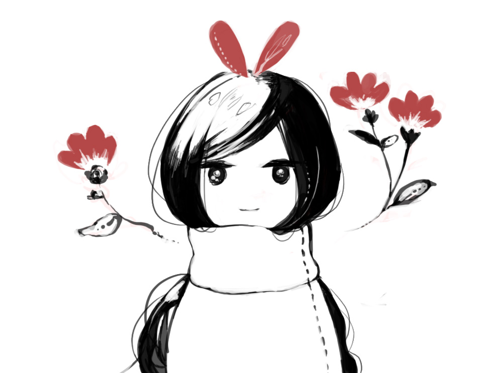 og, ophelia (pop'n music), bemani, pop'n music, bad id, bad pixiv id, 1girl, animal ears, black eyes, black hair, female focus, flower, long hair, monochrome, no nose, rabbit ears, scarf, simple background, smile, solo, spot color, white background