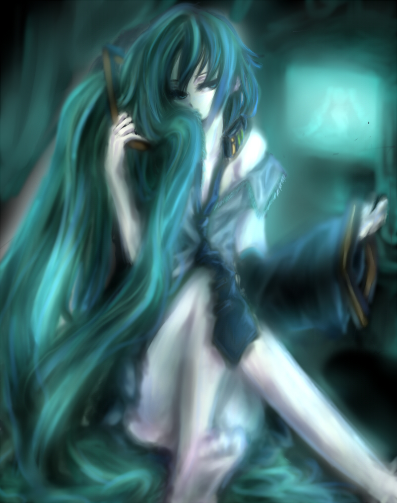 onsen (pixiv305863), hatsune miku, vocaloid, bad id, bad pixiv id, aqua eyes, aqua hair, detached sleeves, long hair, necktie, solo, very long hair