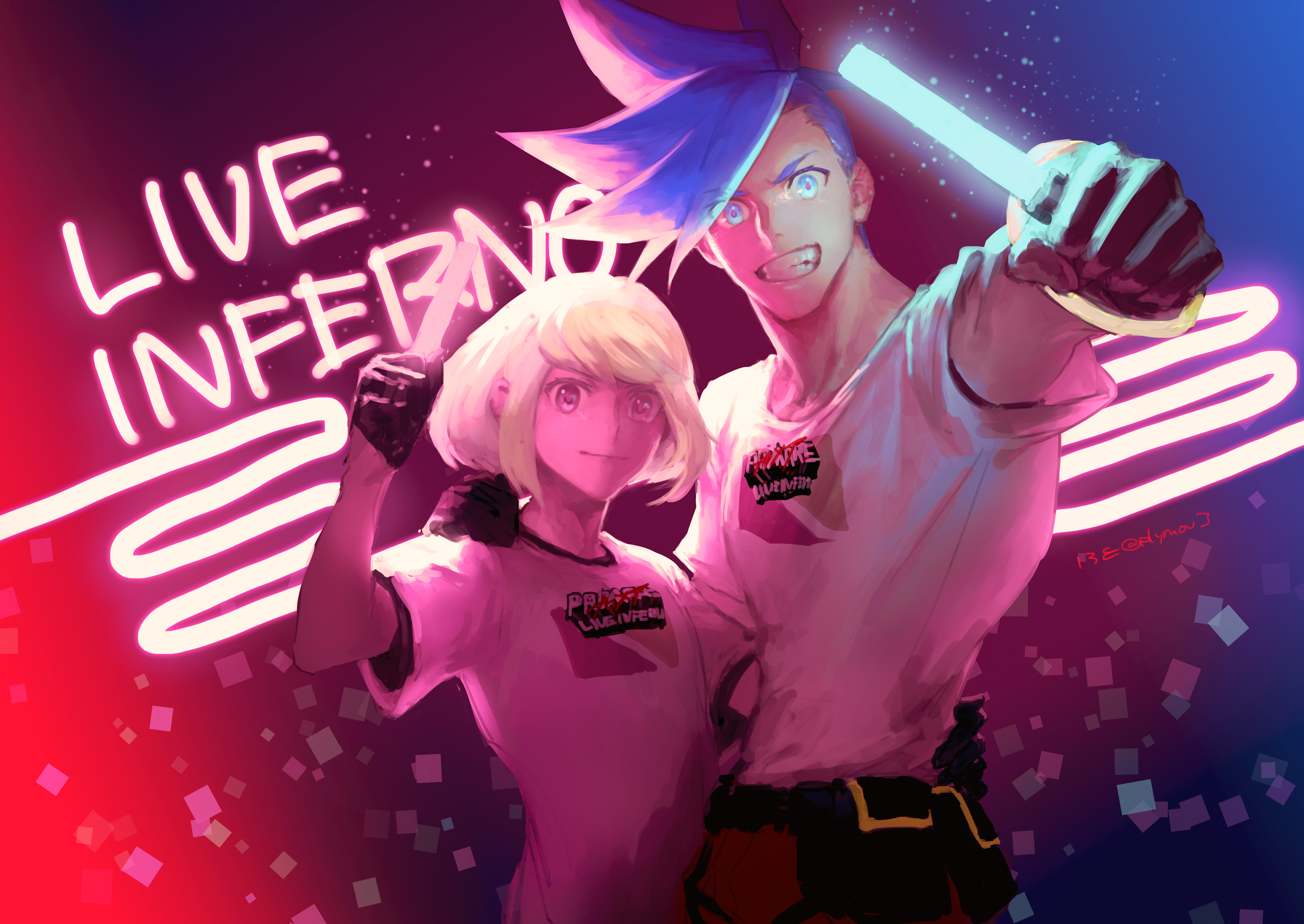 plytometo, galo thymos, lio fotia, promare, absurdres, commentary request, highres, 2boys, androgynous, black gloves, blue eyes, blue hair, clothes writing, english text, gloves, glowstick, gradient background, grey eyes, grin, hand on another's shoulder, hand on another's waist, holding, holding glowstick, male focus, multiple boys, neon sign, outstretched arm, red pupils, short hair, short sleeves, smile, v-shaped eyebrows, white hair