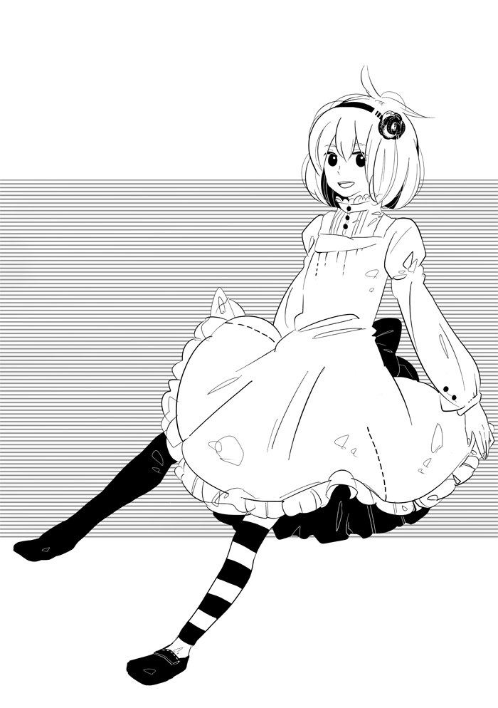 og, original, striped, bad id, bad pixiv id, dress, flower, greyscale, hairband, monochrome, solo