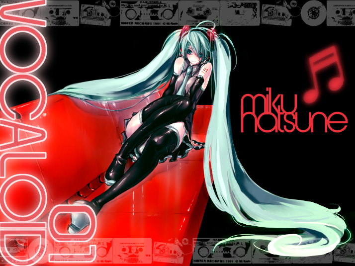 o (pixiv), o (pixiv17603), hatsune miku, vocaloid, bad id, bad pixiv id, 1girl, aqua eyes, aqua hair, couch, detached sleeves, female focus, long hair, necktie, sitting, skirt, solo, thighhighs, twintails, very long hair