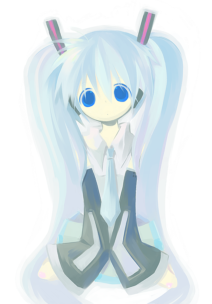 akisame kou, hatsune miku, vocaloid, bad id, bad pixiv id, blue eyes, blue hair, detached sleeves, long hair, necktie, skirt, solo, twintails, very long hair