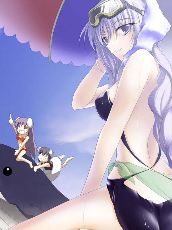 gisyo, inaba tewi, reisen udongein inaba, yagokoro eirin, touhou, bad id, bad pixiv id, 3girls, bikini, blue eyes, blue hair, female focus, goggles, long hair, multiple girls, one-piece swimsuit, purple hair, swimsuit