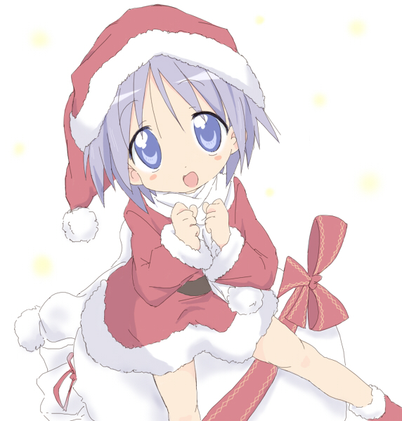 core (mayomayo), hiiragi tsukasa, lucky star, bad id, bad pixiv id, 00s, christmas, purple hair, santa costume, solo