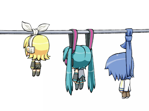 gojou mou, gojou takeshi, hatsune miku, kagamine rin, kaito (vocaloid), vocaloid, 1boy, 2girls, aqua hair, blonde hair, blue hair, blue scarf, chibi, death, hanged, long hair, multiple girls, noose, ponytail, scarf, simple background, skirt, suicide, thighhighs, twintails, what