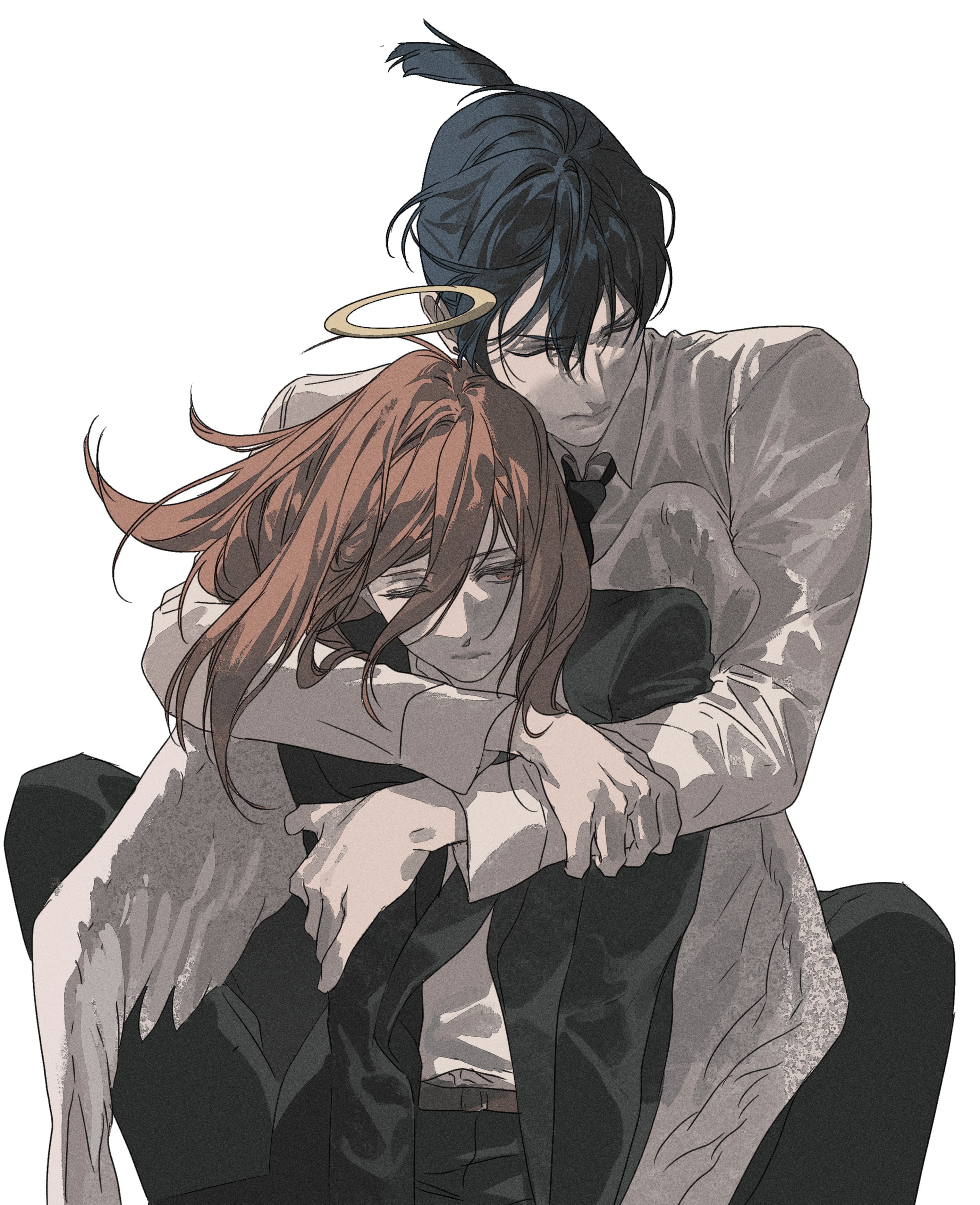 ea ateu, angel devil (chainsaw man), hayakawa aki, chainsaw man, absurdres, highres, 2boys, angel, angel wings, black hair, black jacket, black pants, closed eyes, hair between eyes, halo, hug, hug from behind, jacket, long hair, male focus, multiple boys, one eye closed, open clothes, open jacket, pants, ponytail, red eyes, red hair, shirt, short hair, short ponytail, simple background, traditional halo, white background, white shirt, wings