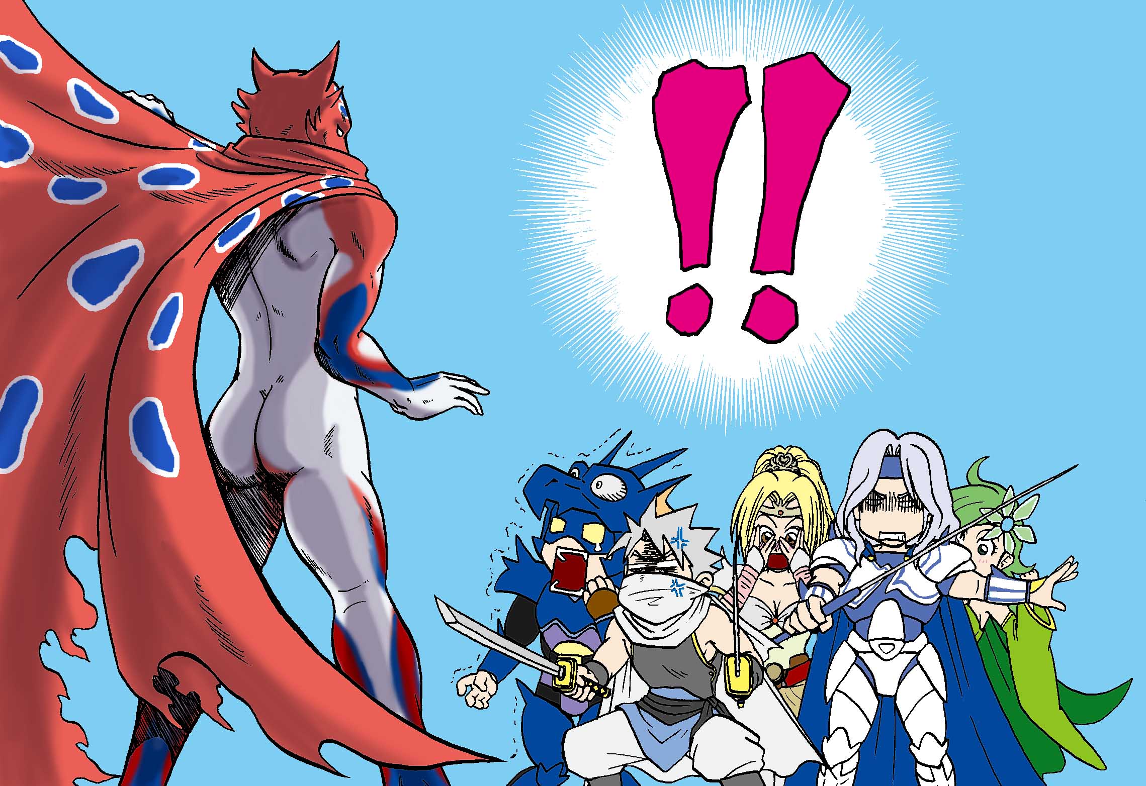 uchi yan, uchiyan-uchizum, cain highwind, cecil harvey, edward geraldine, ninja (final fantasy), rosa farrell, rubicante, rydia (adult) (ff4), rydia (ff4), final fantasy, final fantasy iv, bad id, bad pixiv id, highres, jpeg artifacts, !, !!, 1990s (style), 2girls, 4boys, aged up, anger vein, angry, armor, ass, blonde hair, bridal gauntlets, cape, cloak, clothed female nude male, clothed male nude male, cowl, dual wielding, flashing, green hair, holding, katana, long hair, multiple boys, multiple girls, naked cape, naked cloak, ninja, nude, paladin, peeking, retro artstyle, short hair, surprised, sword, weapon, what, white hair