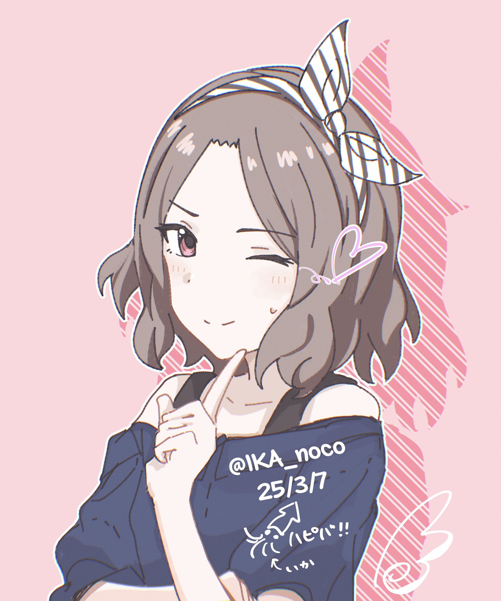 n nai nai n, ebizuka tomo, girls band cry, commentary, highres, 1girl, artistic error, blue shirt, blush, closed mouth, drawn wings, drop shadow, grey hair, hair ribbon, happy birthday, heart, index finger raised, looking at viewer, off-shoulder shirt, off shoulder, one eye closed, pink background, ribbon, shirt, short hair, solo, too many fingers, upper body