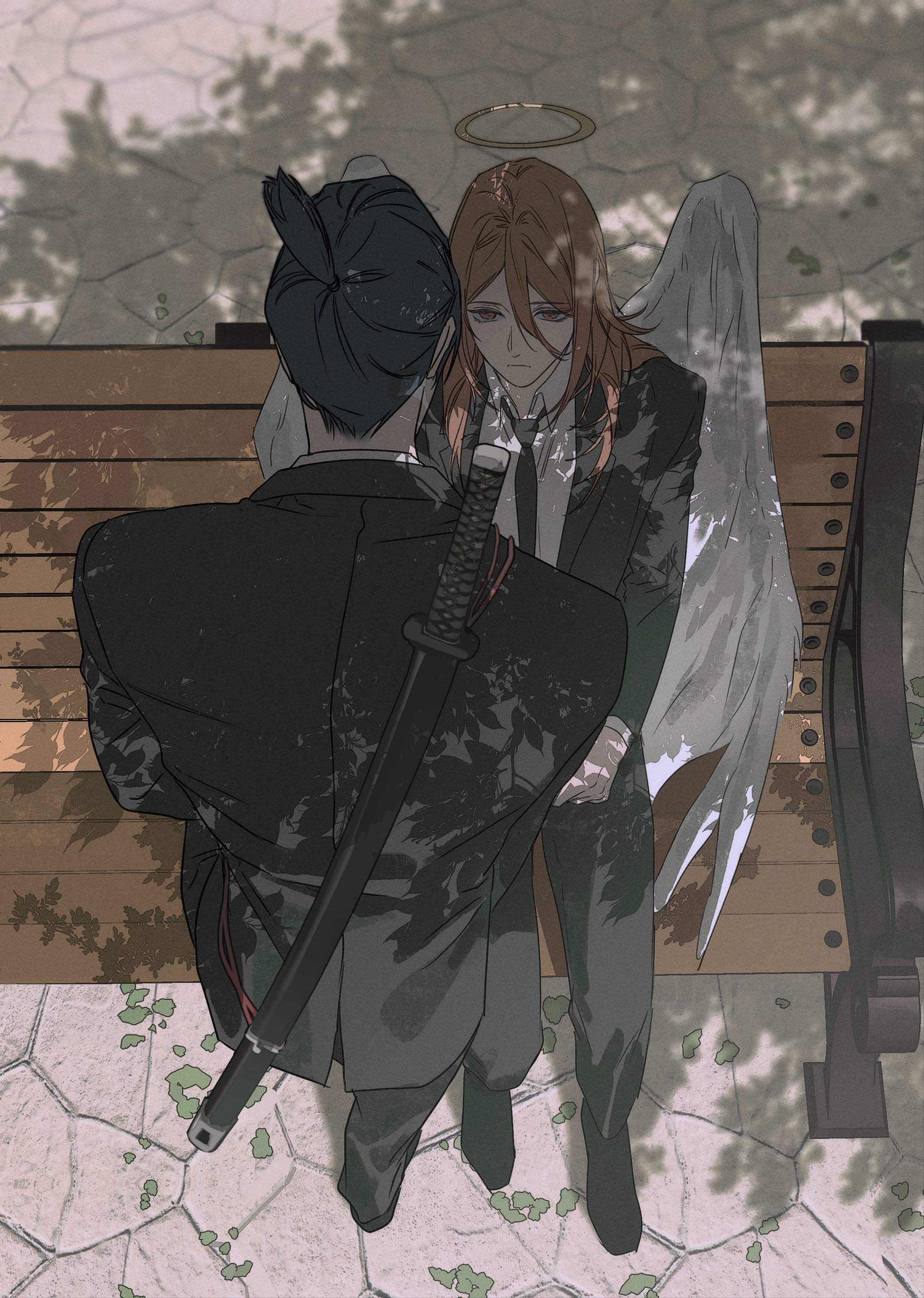 ea ateu, angel devil (chainsaw man), hayakawa aki, chainsaw man, absurdres, highres, 2boys, angel, angel wings, bench, black hair, black jacket, black necktie, black pants, black suit, collared shirt, expressionless, formal clothes, from above, halo, jacket, long hair, looking at another, male focus, multiple boys, necktie, on bench, outdoors, pants, park bench, ponytail, red eyes, red hair, shirt, short ponytail, sitting, standing, suit, suit jacket, sword, sword on back, traditional halo, weapon, weapon on back, wings, wooden bench