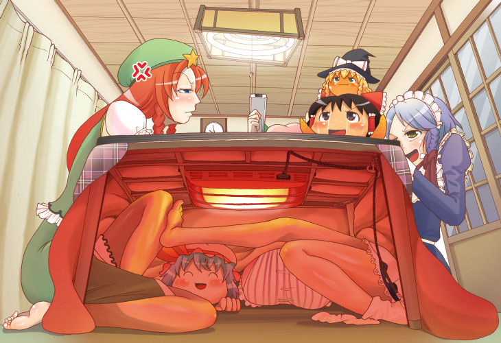 lunatic monster, sakazaki freddy, hakurei reimu, hong meiling, izayoi sakuya, kirisame marisa, patchouli knowledge, remilia scarlet, touhou, light, silver hair, uniform, 2girls, barefoot, beret, blonde hair, blue hair, blush, brown hair, clock, controller, curtains, female focus, food, footsies, fruit, hairband, hat, kotatsu, long hair, maid, mandarin orange, multiple girls, orange (fruit), red hair, remote control, ribbon, short hair, star (symbol), table, under kotatsu, under table, witch hat, x-ray, yukkuri shiteitte ne