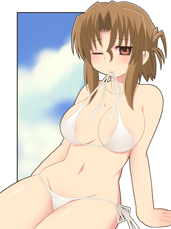 kurappii, maria (hayate no gotoku!), hayate no gotoku!, 00s, 1girl, bikini, bikini in mouth, breasts, brown eyes, brown hair, cleavage, clothes in mouth, collarbone, female focus, folded ponytail, groin, mouth hold, navel, one eye closed, side-tie bikini bottom, solo, swimsuit, white bikini, wink
