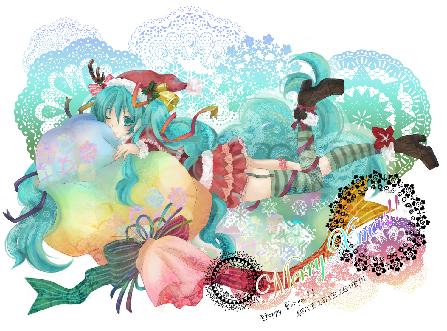 sudden4-orz, zenryoku toumin, hatsune miku, vocaloid, bad id, bad pixiv id, 1girl, aqua eyes, aqua hair, asymmetrical clothes, bell, christmas, female focus, frilled thigh strap, garter straps, high heels, kneehighs, long hair, lying, one eye closed, sack, santa costume, shoes, single kneehigh, single sock, single thighhigh, socks, solo, striped clothes, striped socks, striped thighhighs, thigh strap, thighhighs, very long hair, wink