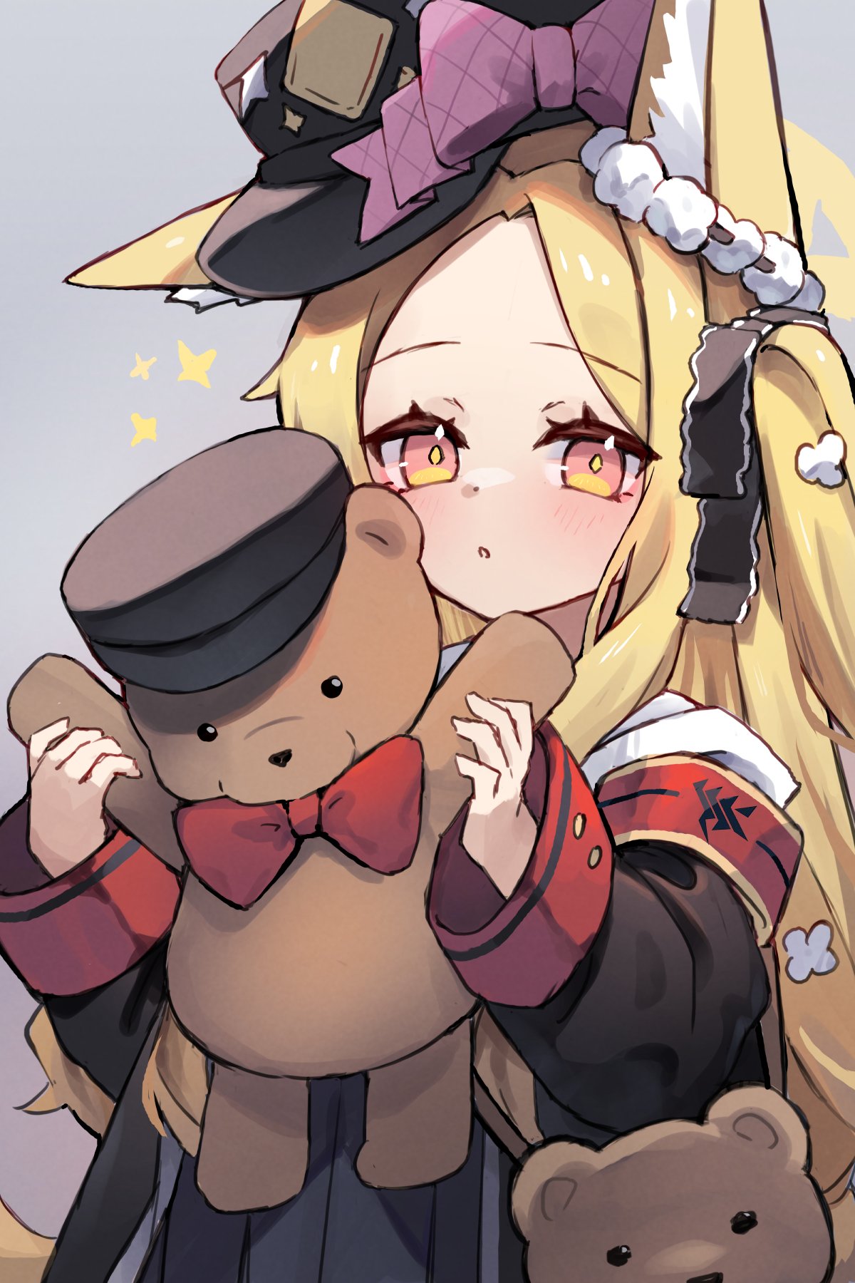 miya (miyaruta), ibuki (blue archive), seia (blue archive), blue archive, highres, 1girl, animal, animal ear fluff, animal ears, animal on head, armband, black coat, black dress, black skirt, blonde hair, bow, bowtie, coat, cosplay, dress, flower, forehead, fox ears, fox girl, fox tail, frilled skirt, frills, grey background, hair ornament, halo, hat, hat ribbon, holding, holding stuffed toy, ibuki (blue archive) (cosplay), long hair, long sleeves, looking at viewer, on head, open mouth, orange eyes, pandemonium society (blue archive), parted bangs, parted lips, peaked cap, pink ribbon, red armband, red ribbon, ribbon, school uniform, shirt, side ponytail, simple background, single ear down, skirt, sleeves past wrists, solo, sparkle, stuffed animal, stuffed toy, tail, teddy bear, upper body, very long hair, white flower, white shirt, yellow halo