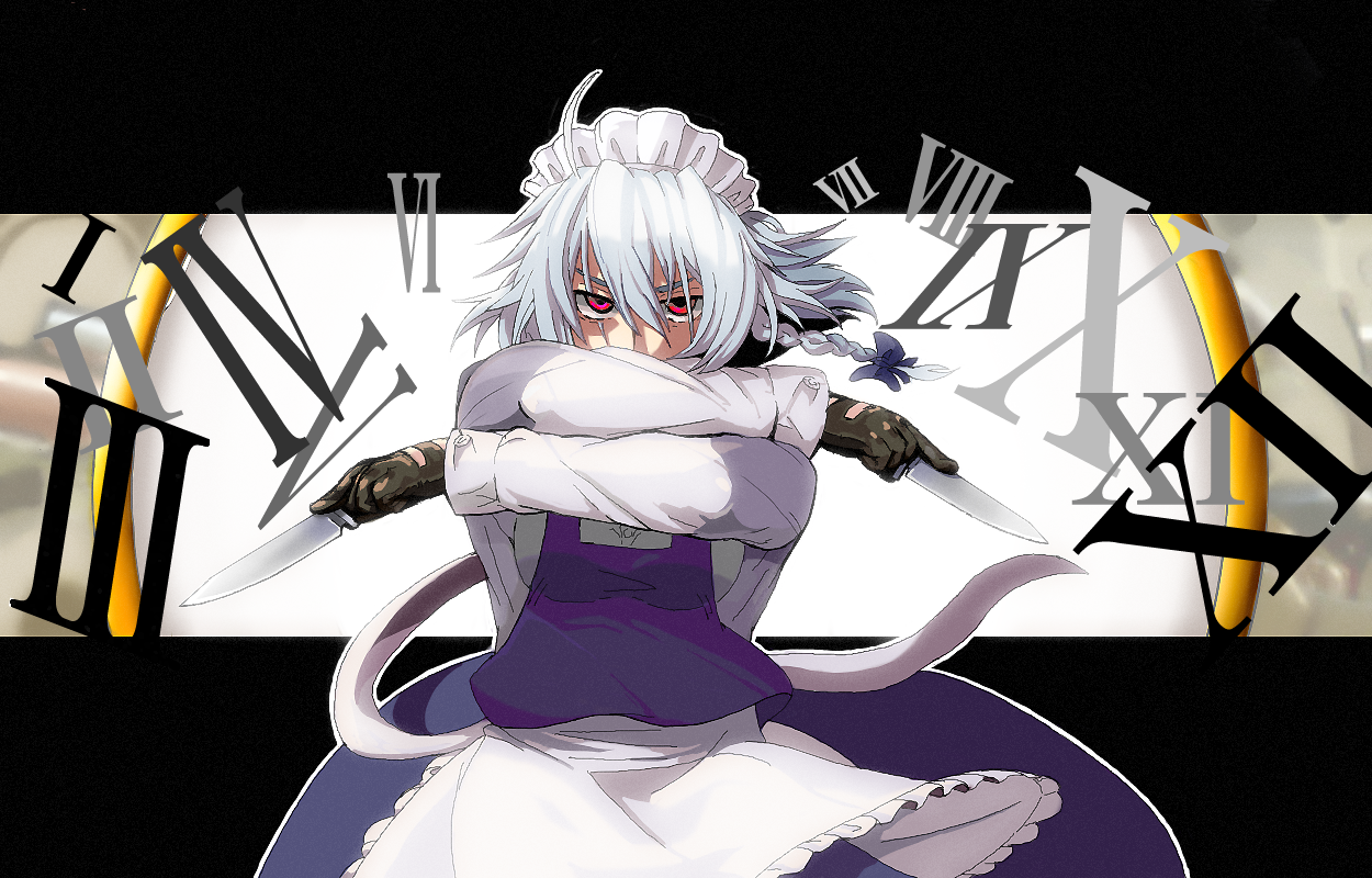 kirusu, izayoi sakuya, touhou, silver hair, bad id, bad pixiv id, 1girl, female focus, hairband, knife, maid, red eyes, ribbon, short hair, solo, throwing knife, weapon