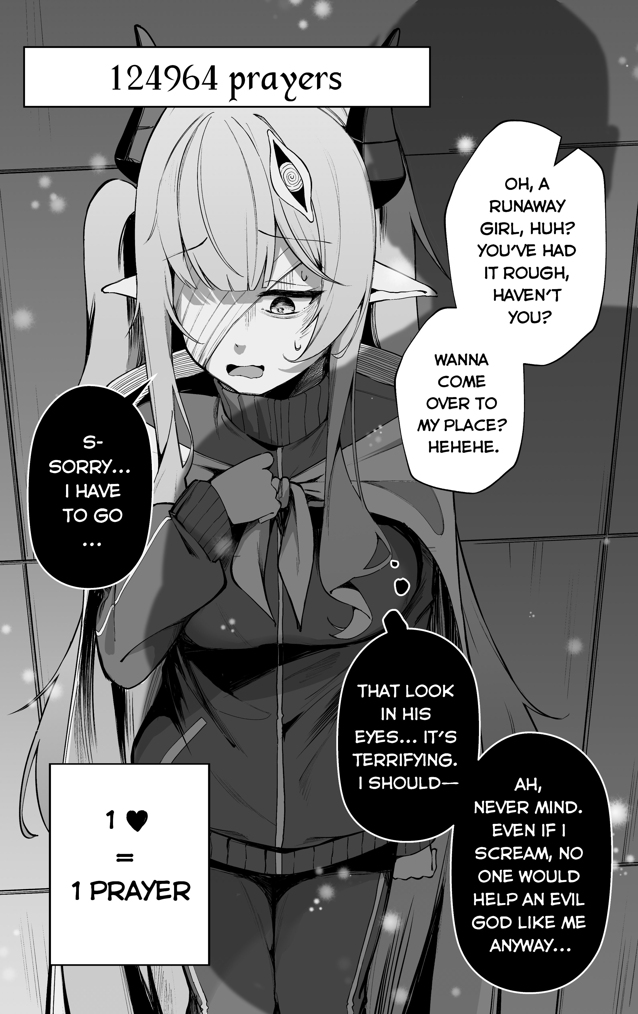 clover dot (clov erd), original, absurdres, commentary, english commentary, highres, 1girl, against wall, bandage over one eye, cowboy shot, english text, greyscale, head down, horns, jacket, long hair, long sleeves, monochrome, nervous sweating, one eye covered, open mouth, pants, pointy ears, solo, speech bubble, sweat, thought bubble, track jacket, track pants