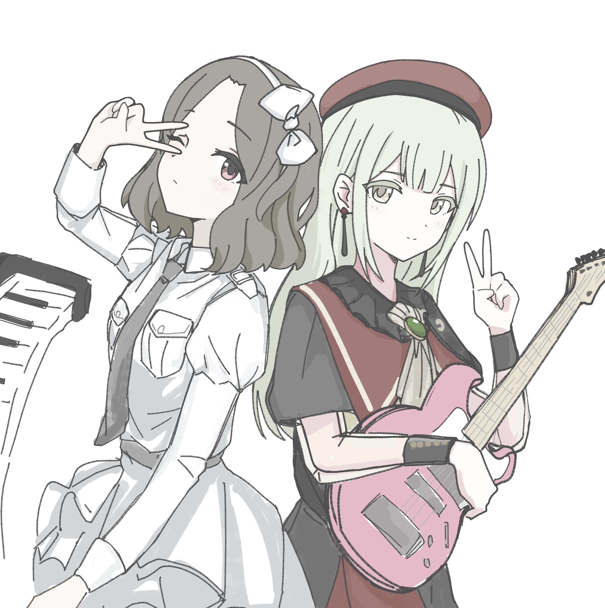 n nai nai n, ebizuka tomo, mortis (bang dream!), mortis (costume) (bang dream!), wakaba mutsumi, bang dream!, bang dream! it's mygo!!!!!, girls band cry, highres, 2girls, ascot, beret, black capelet, black necktie, blush, bow, capelet, closed mouth, crossover, dress, earrings, electric guitar, green hair, grey hair, guitar, hair bow, hairband, hat, instrument, jewelry, keyboard (instrument), long hair, long sleeves, multiple girls, necktie, red eyes, red hat, short hair, sidelocks, simple background, v, v over eye, white ascot, white background, white bow, white dress, white hairband, yellow eyes