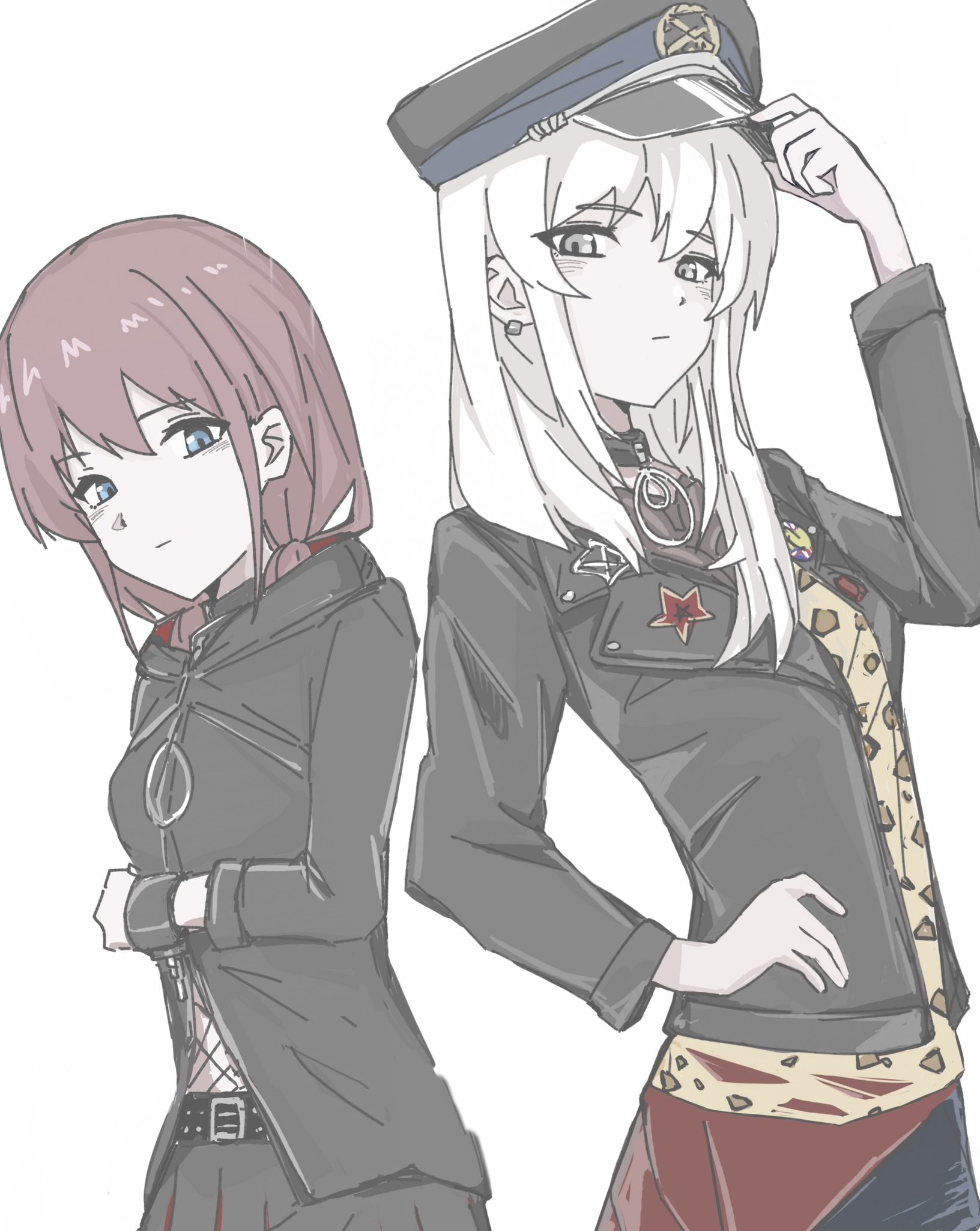 n nai nai n, iseri nina, kawaragi momoka, girls band cry, highres, 2girls, black hat, black jacket, blue eyes, brown hair, closed mouth, grey eyes, grey hair, hat, jacket, long hair, long sleeves, low twintails, multiple girls, short hair, short twintails, sidelocks, simple background, twintails, white background