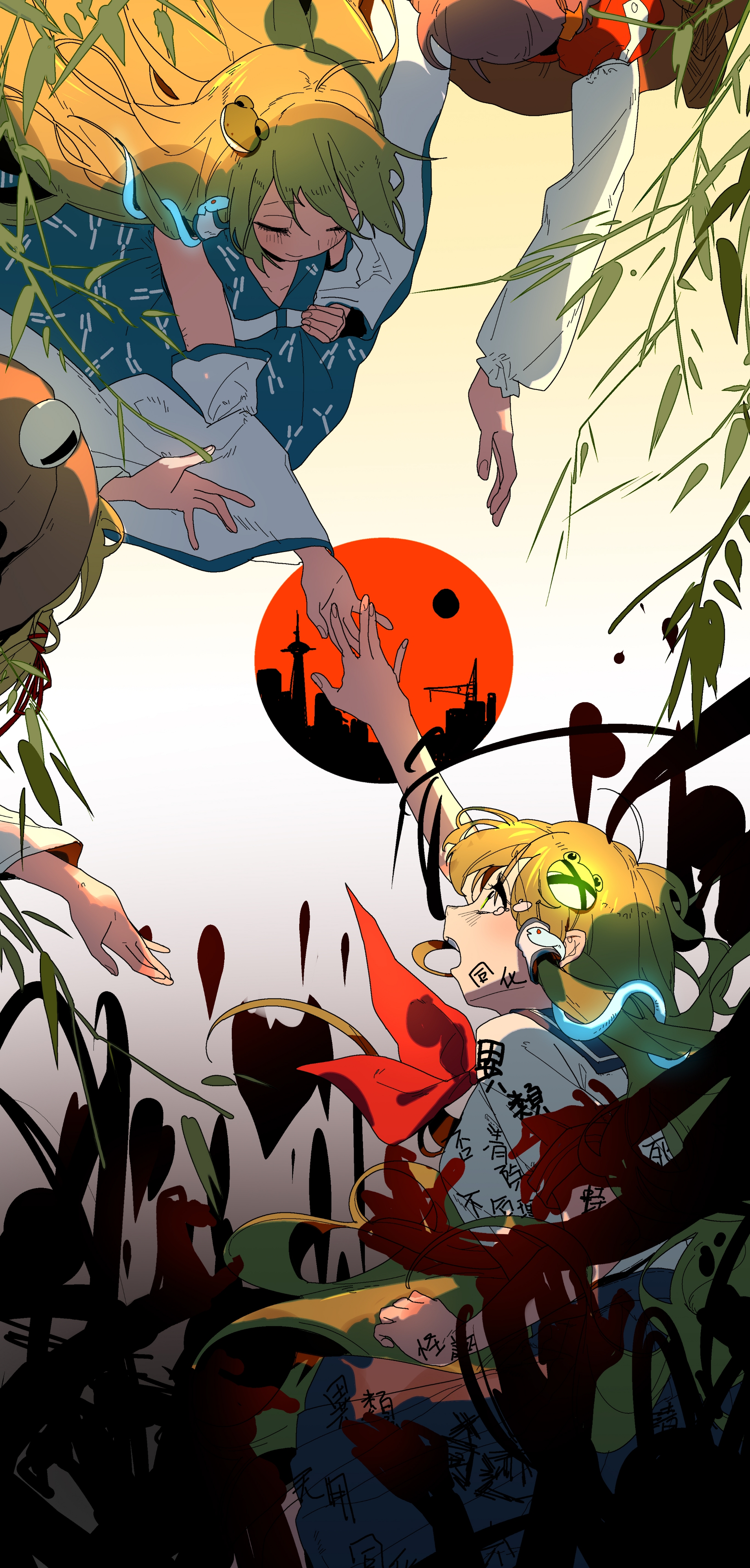 guozimiao, kochiya sanae, moriya suwako, yasaka kanako, touhou, absurdres, highres, 4girls, arm up, bare shoulders, blonde hair, body writing, bow, breasts, building, closed eyes, closed mouth, detached sleeves, dress, dual persona, frog hair ornament, green eyes, green hair, hair ornament, hair tubes, imminent hand holding, looking at another, multiple girls, offering hand to another, open mouth, purple hair, reaching, reaching towards another, red bow, red sun, school uniform, serafuku, skirt, snake hair ornament, sun, tearing up, tears, white background, white sleeves, wide sleeves