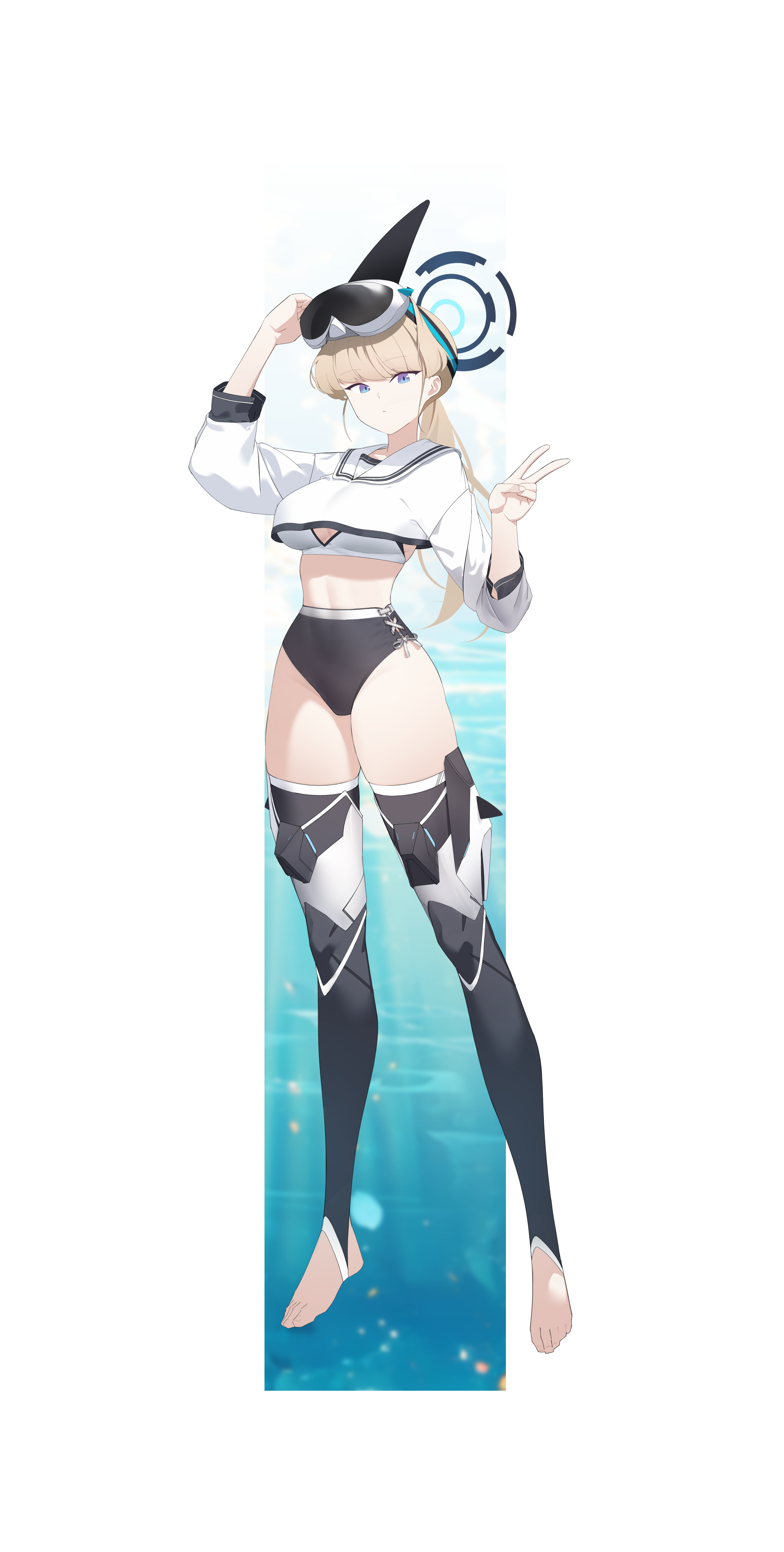 bunpil, toki (blue archive), blue archive, absurdres, highres, 1girl, alternate costume, black shorts, blonde hair, blue eyes, crop top, crop top overhang, expressionless, full body, goggles, goggles on head, halo, looking at viewer, ponytail, shirt, shorts, solo, sports bra, stirrup legwear, toeless legwear, v, white shirt, white sports bra